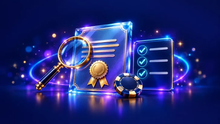 Checking a UK casino licence: certificate, magnifying glass and verification checklist