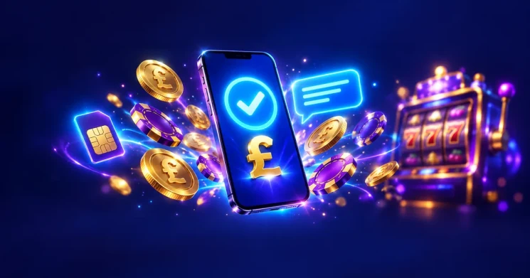 Pay by mobile casinos UK: smartphone with payment approved, SIM card, pound coins and a slot machine